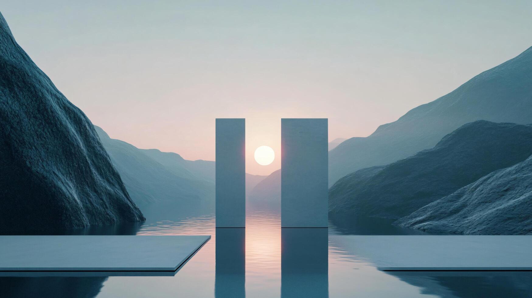 Two pillars framing rising sun over calm water reflecting majestic mountains and pastel sky photo