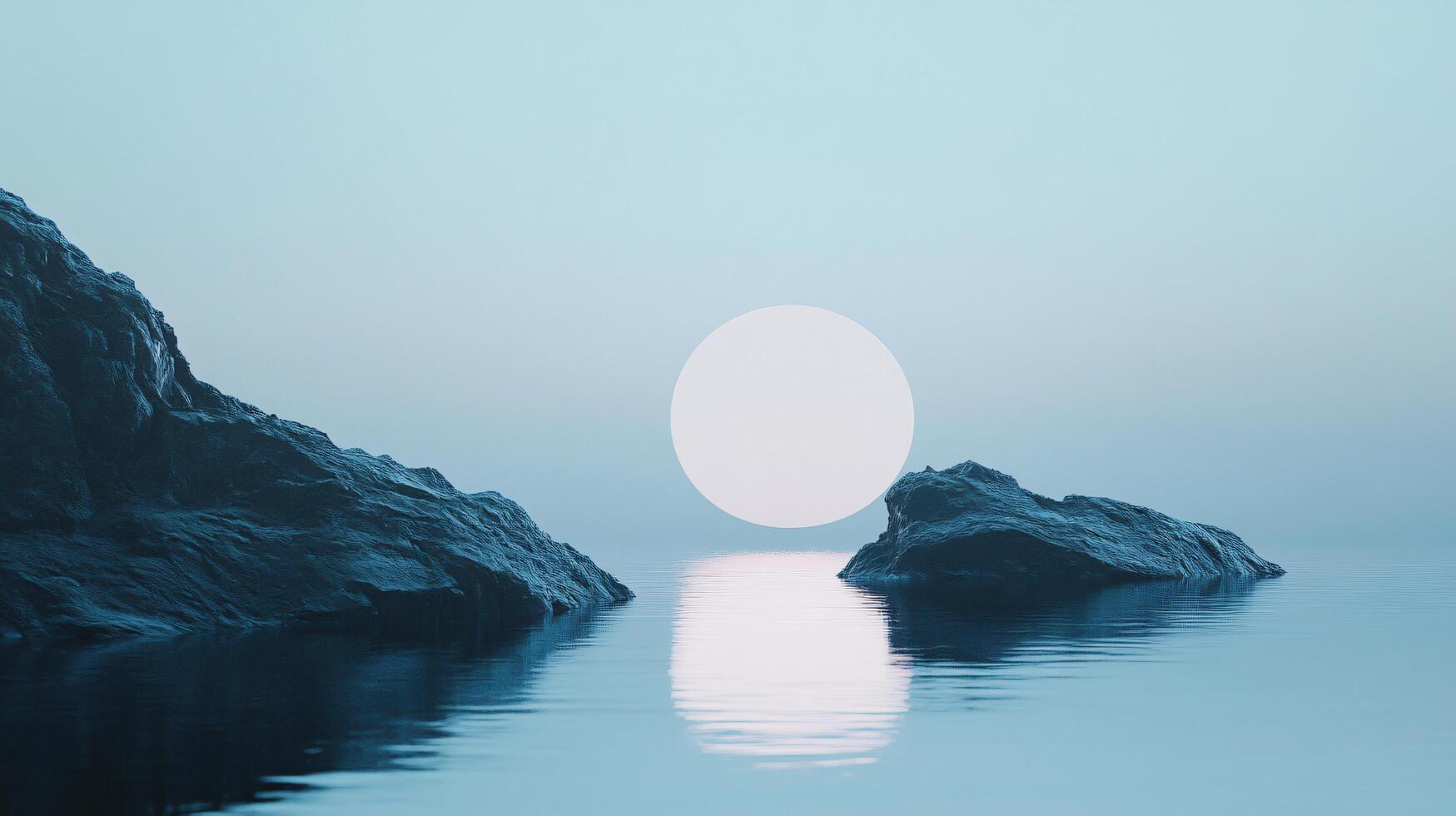 Surreal landscape featuring a large, glowing sun rising or setting over a tranquil sea with dark rocks, creating a serene and minimalist scene photo