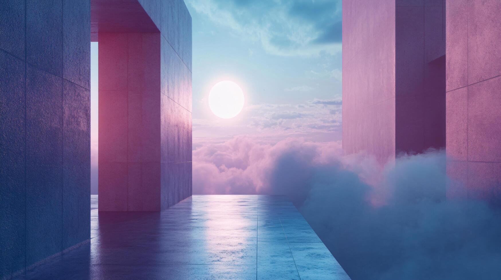 Futuristic concrete architecture emerging from pink and blue clouds with a setting sun photo