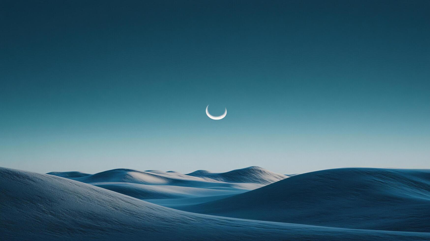 Crescent moon shining over rolling sand dunes in a tranquil desert landscape at twilight photo