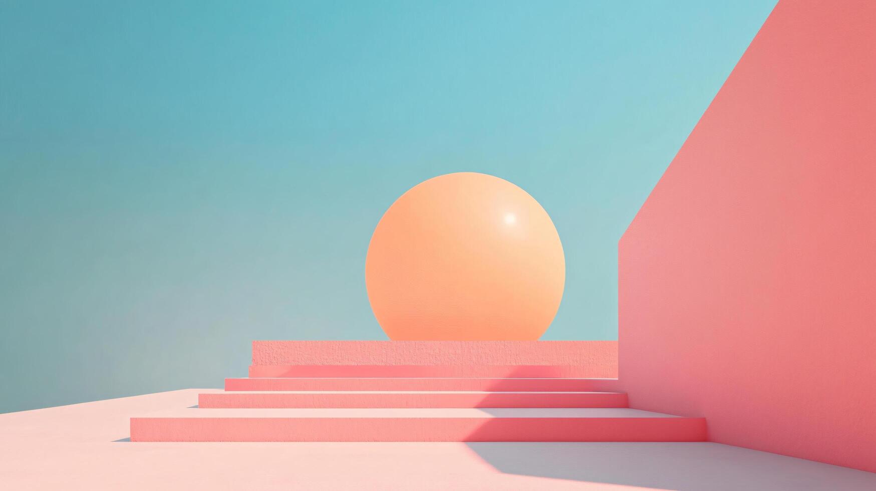 Minimal geometric shapes forming an abstract architectural design, featuring stairs and a large orange sphere under a blue sky photo