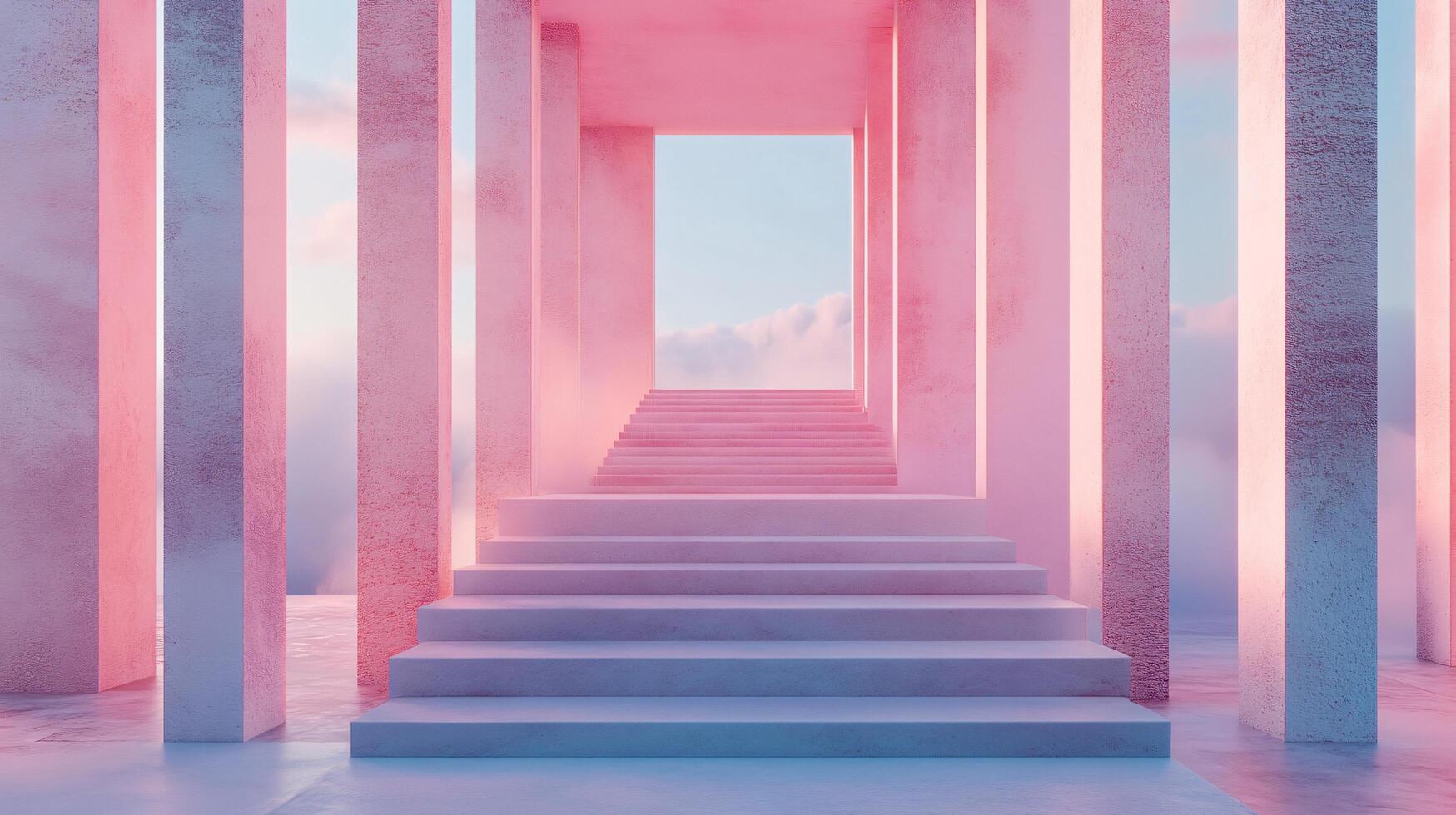 White staircase leading to sky through pink colonnade in a surreal dreamy landscape photo