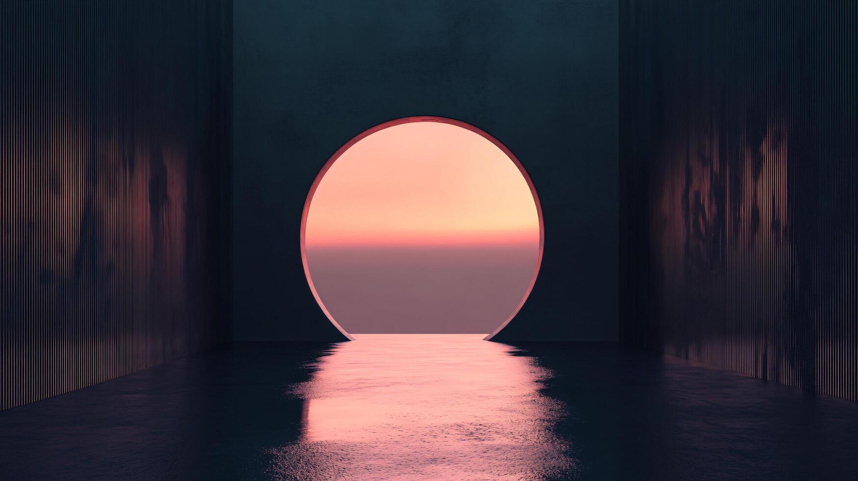 Empty room with circular window showing beautiful pink sunset photo