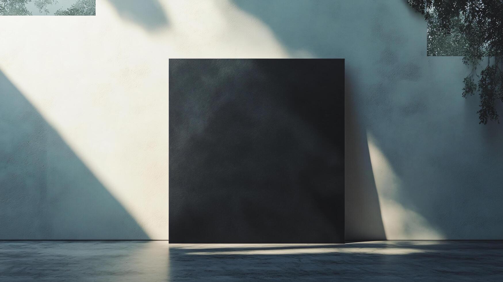 Black poster leaning on concrete wall in modern gallery interior with natural light and plants photo