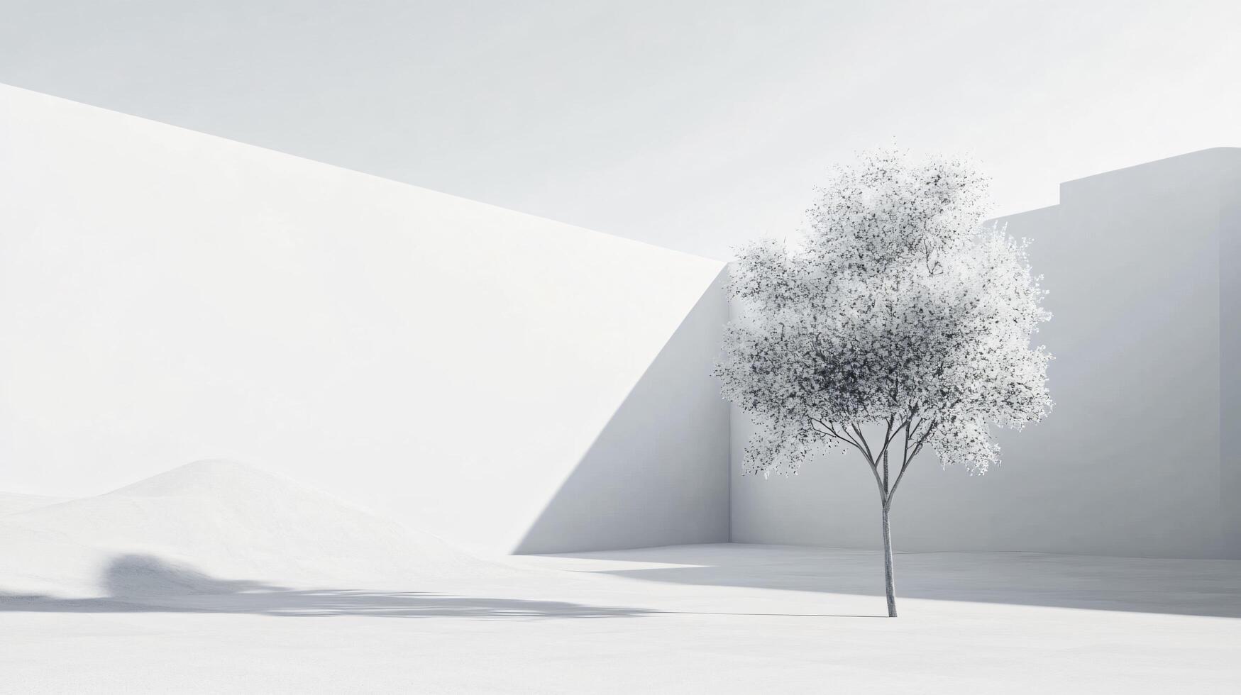 Surreal white minimal scene with a small tree growing in the middle of an empty space surrounded by walls photo