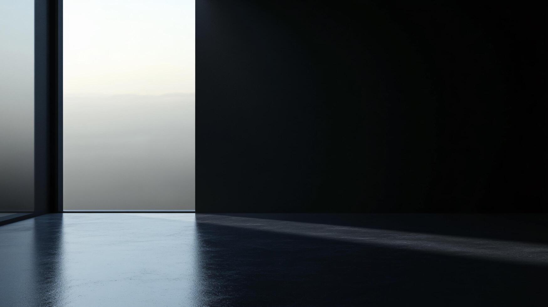 Empty dark room with large window overlooking foggy landscape at sunrise photo