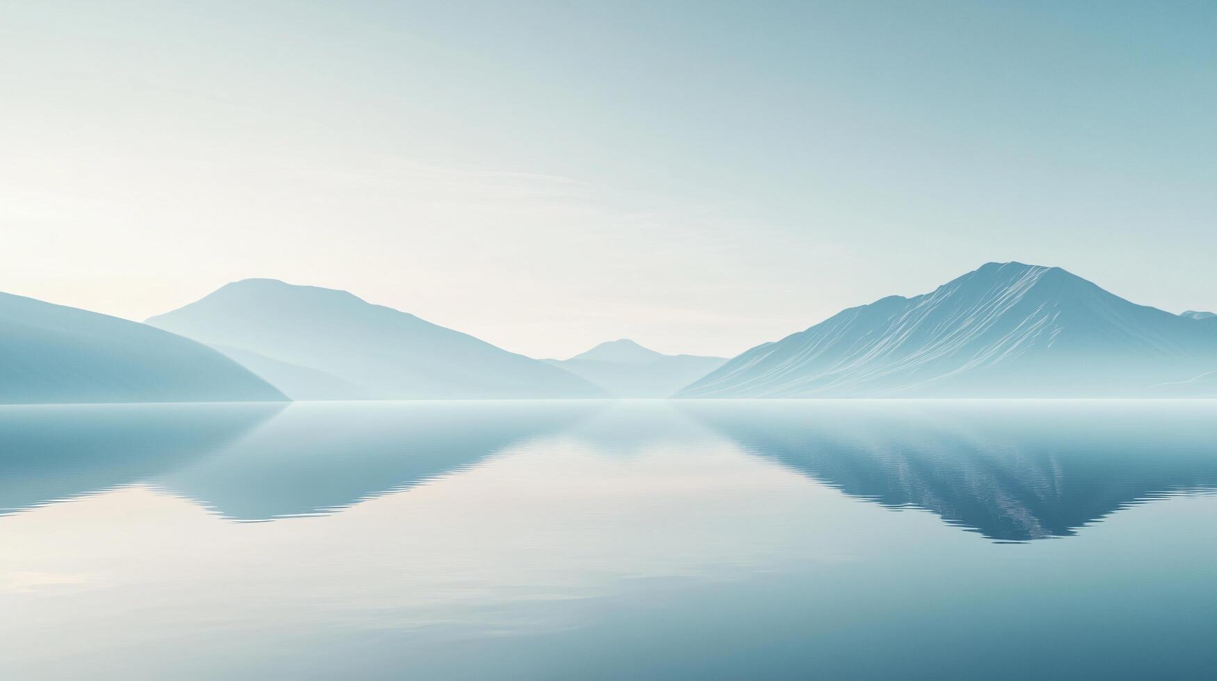 Serene landscape featuring misty mountains reflecting perfectly in a calm lake at sunrise, creating a tranquil and minimalist scene photo