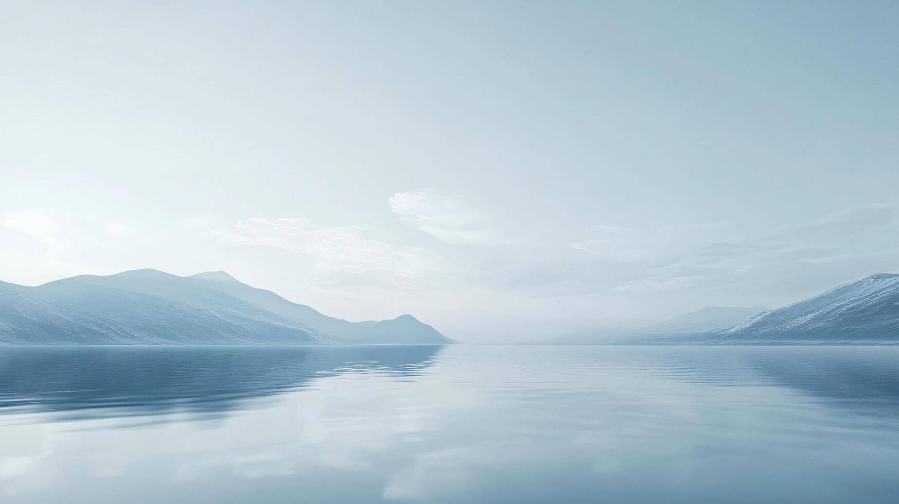 Serene lake mirroring mountains and sky creating a tranquil and minimalist landscape photo