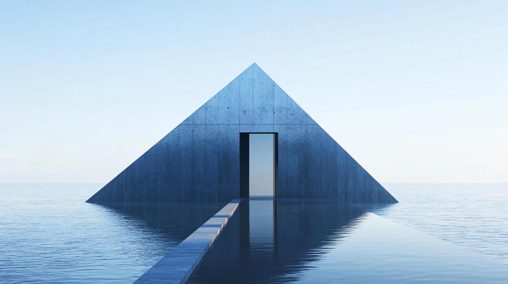 Concrete pyramid rising from the ocean with an open door and a walkway leading to it, creating a mysterious and surreal atmosphere photo