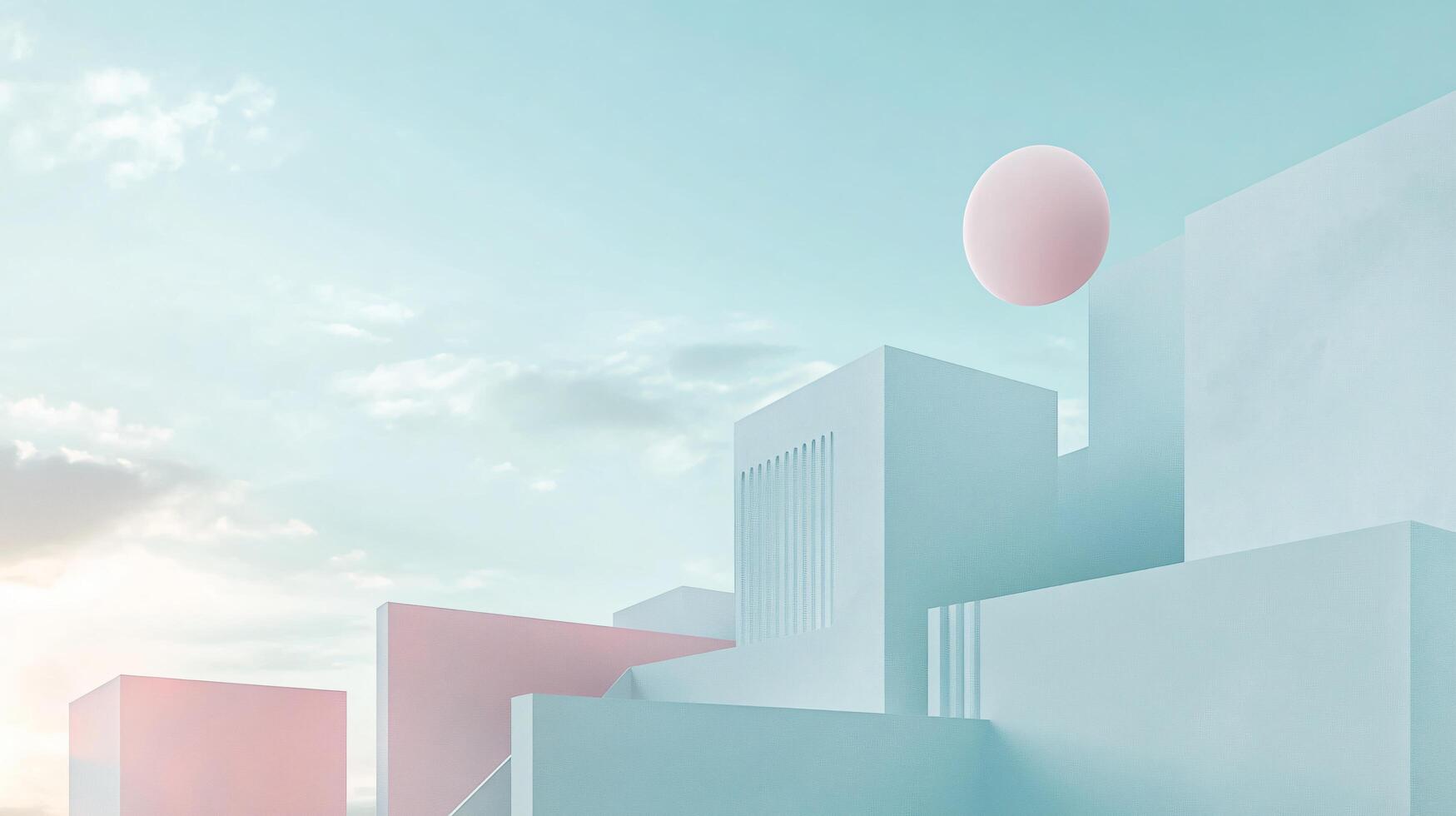 Abstract architectural landscape with geometric shapes and a pink sphere floating in the pastel colored sky at sunset photo