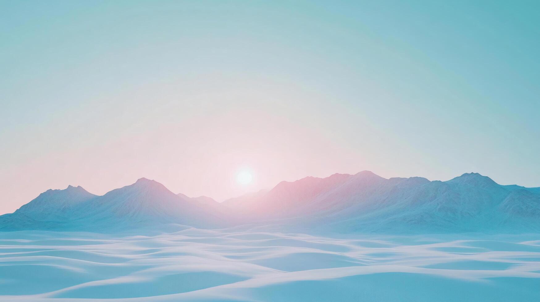 Surreal landscape with snowy mountains and white desert under a pastel colored sky with rising sun photo