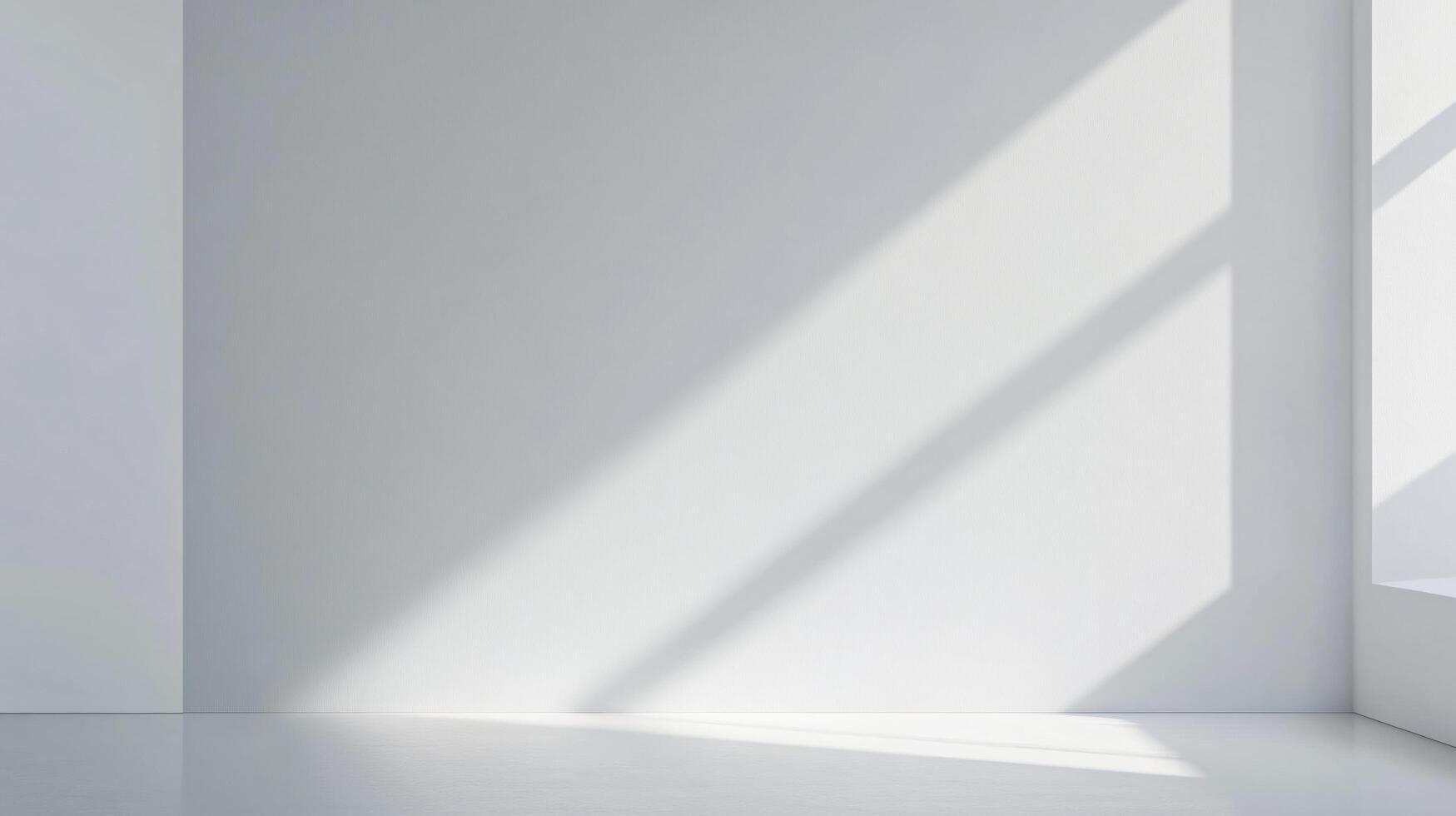 Sunlight streaming through window illuminating minimalist white room, creating dramatic shadows on wall and floor, ideal for backgrounds and showcasing products photo