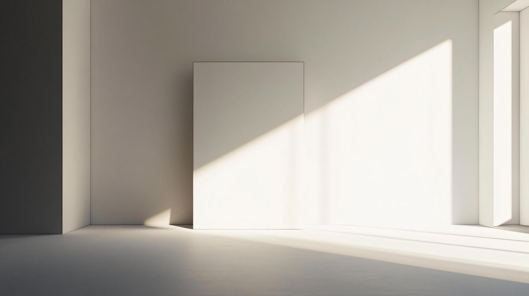 Empty white canvas standing on floor in sunlit gallery space, minimalist interior design photo