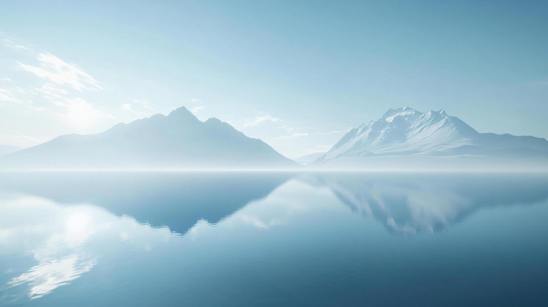 Serene landscape showcasing a snow capped mountain reflecting perfectly on the still water of a lake during a misty morning photo