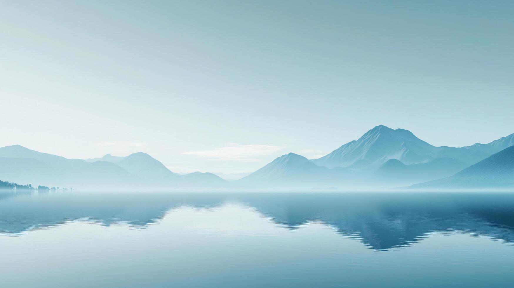 Light blue mountains reflecting in a calm lake at sunrise, creating a serene and minimalist landscape photo