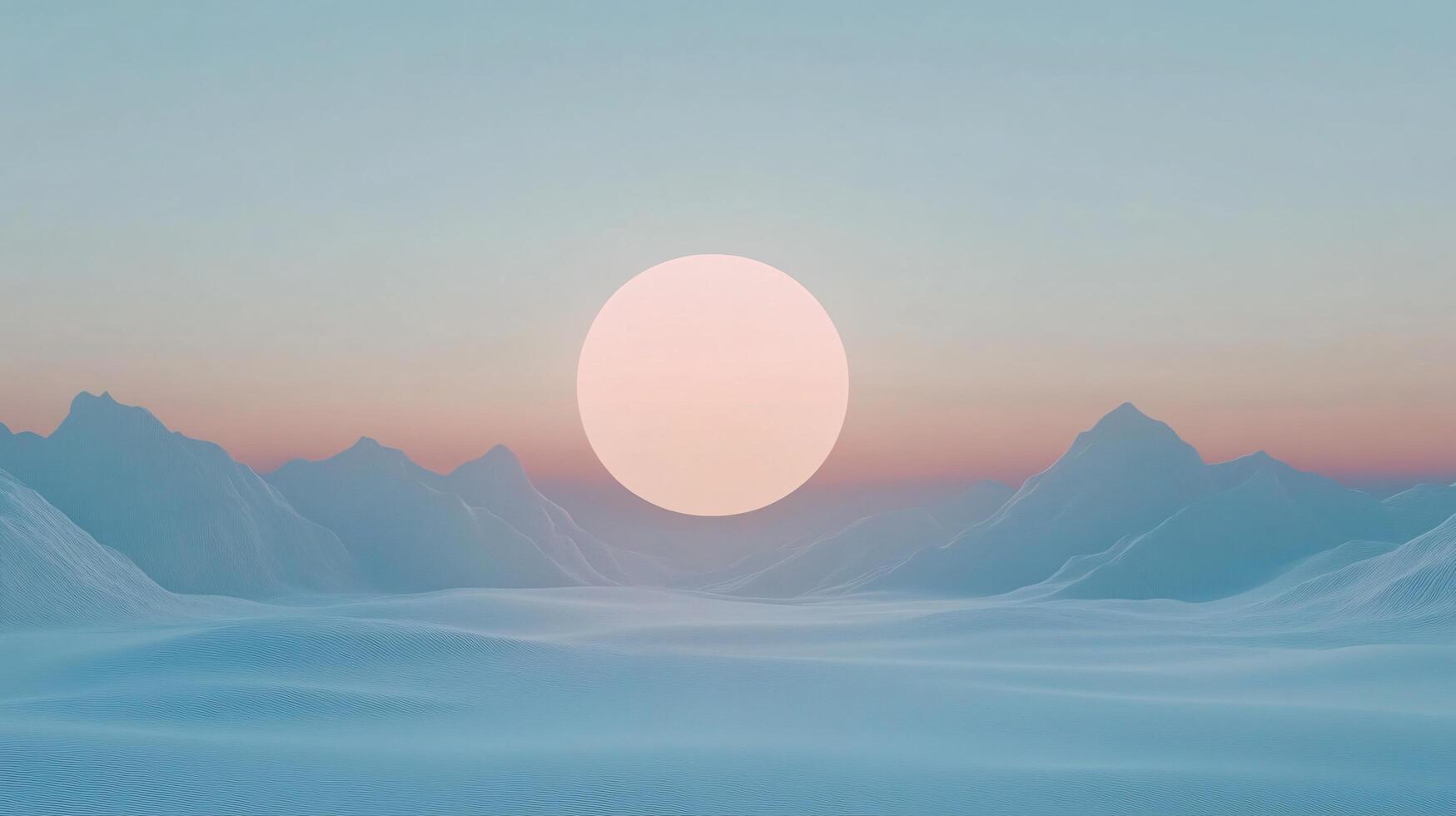 Minimalist landscape with large pink sun setting behind snowy mountains and vast snow covered plain photo