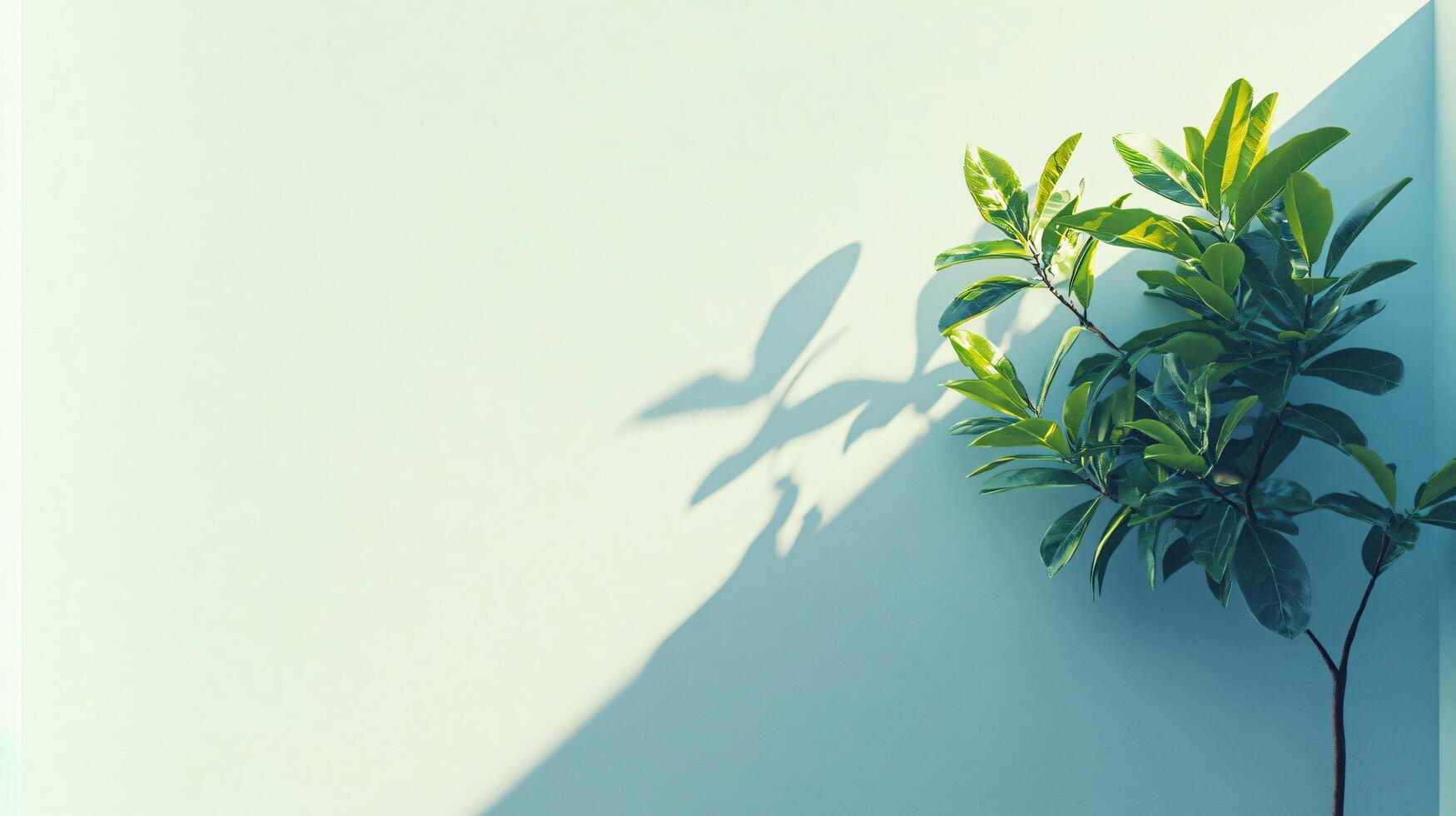 Lush green plant casting a distinct shadow on a minimalist pastel wall, creating a serene and stylish atmosphere photo