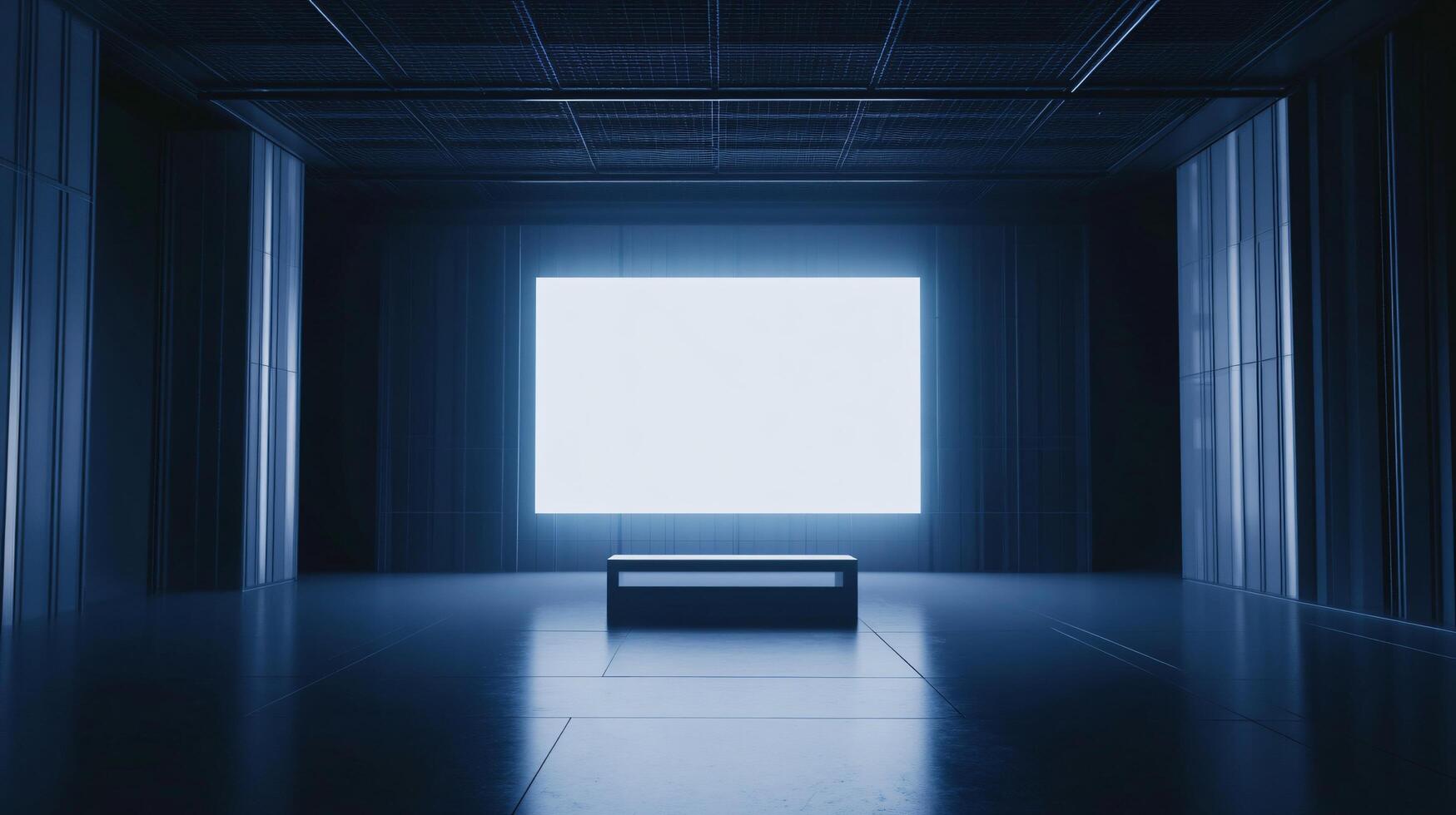 Modern gallery interior illuminating large blank frame with bench, perfect for exhibitions and presentations photo