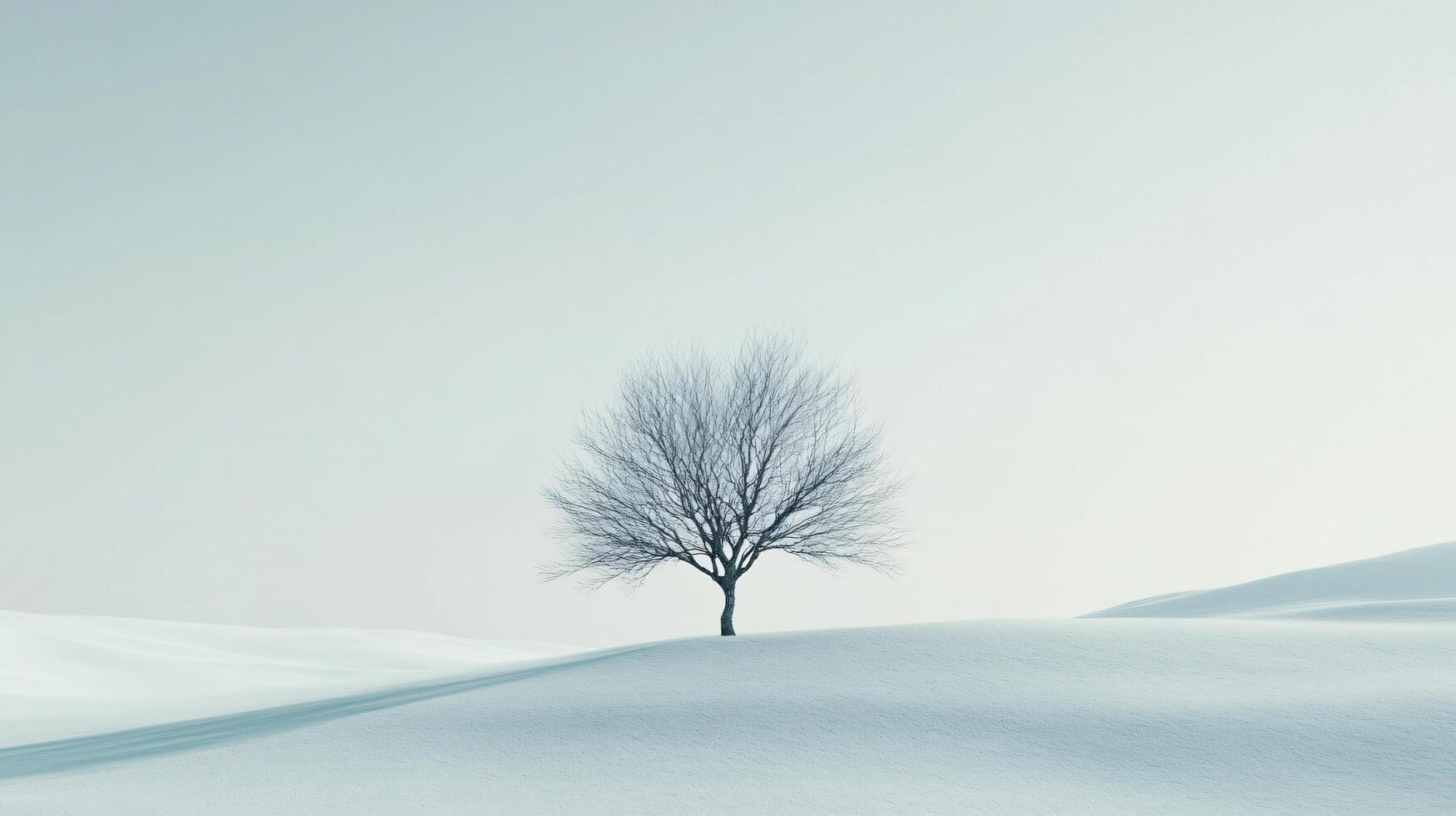 Minimalist winter scene featuring a lone, bare tree on a snow covered hill against a clear sky photo