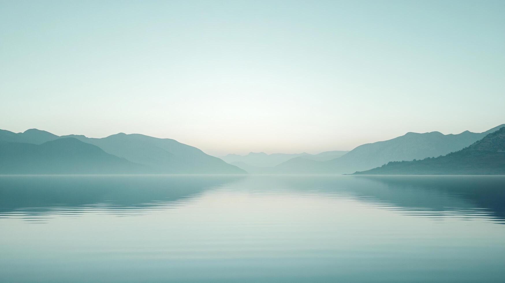 Serene landscape featuring a calm lake reflecting misty mountains during a tranquil dawn photo