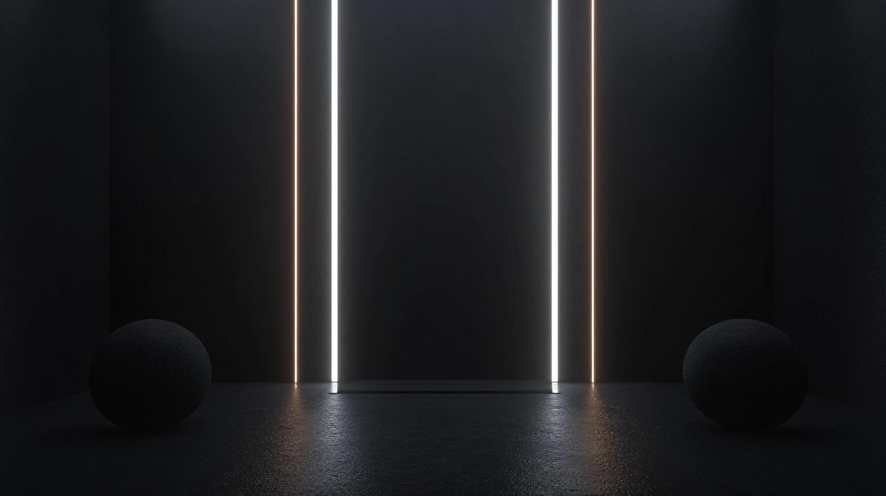 Two spheres are placed on each side of two bright vertical neon lights in a dark room photo
