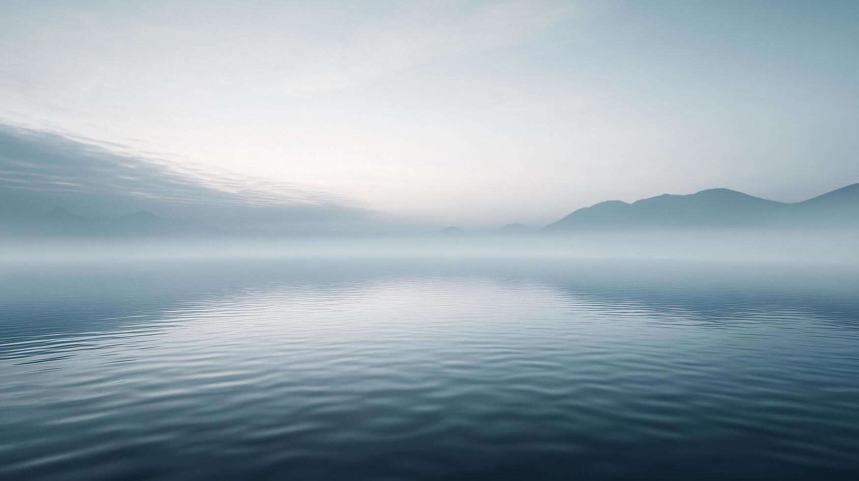 Tranquil scene of fog hovering over a calm lake with mountains in the background during sunrise photo