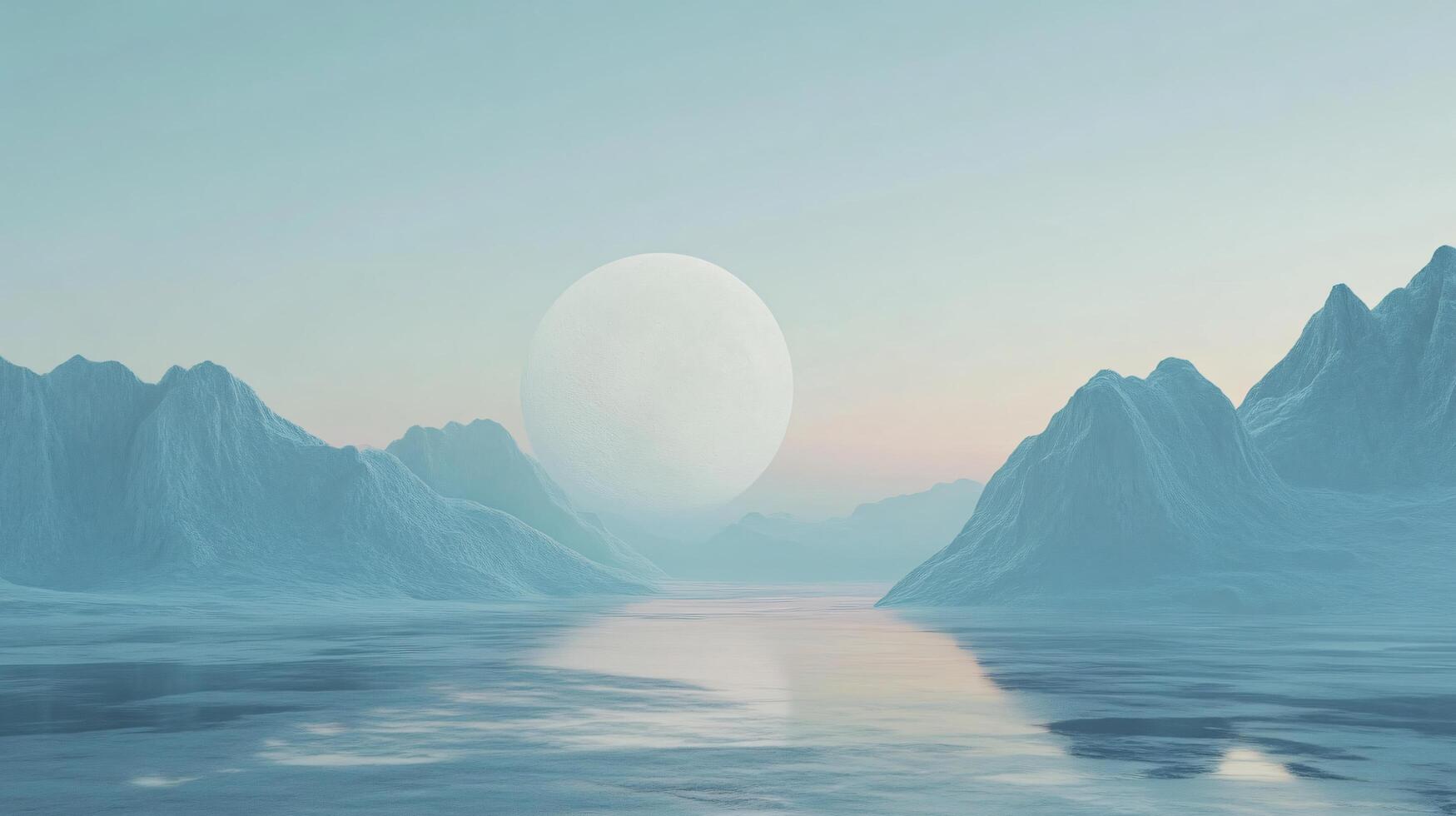Low poly minimalist surreal 3d illustration depicting a giant planet rising over a frozen lake and mountain range photo