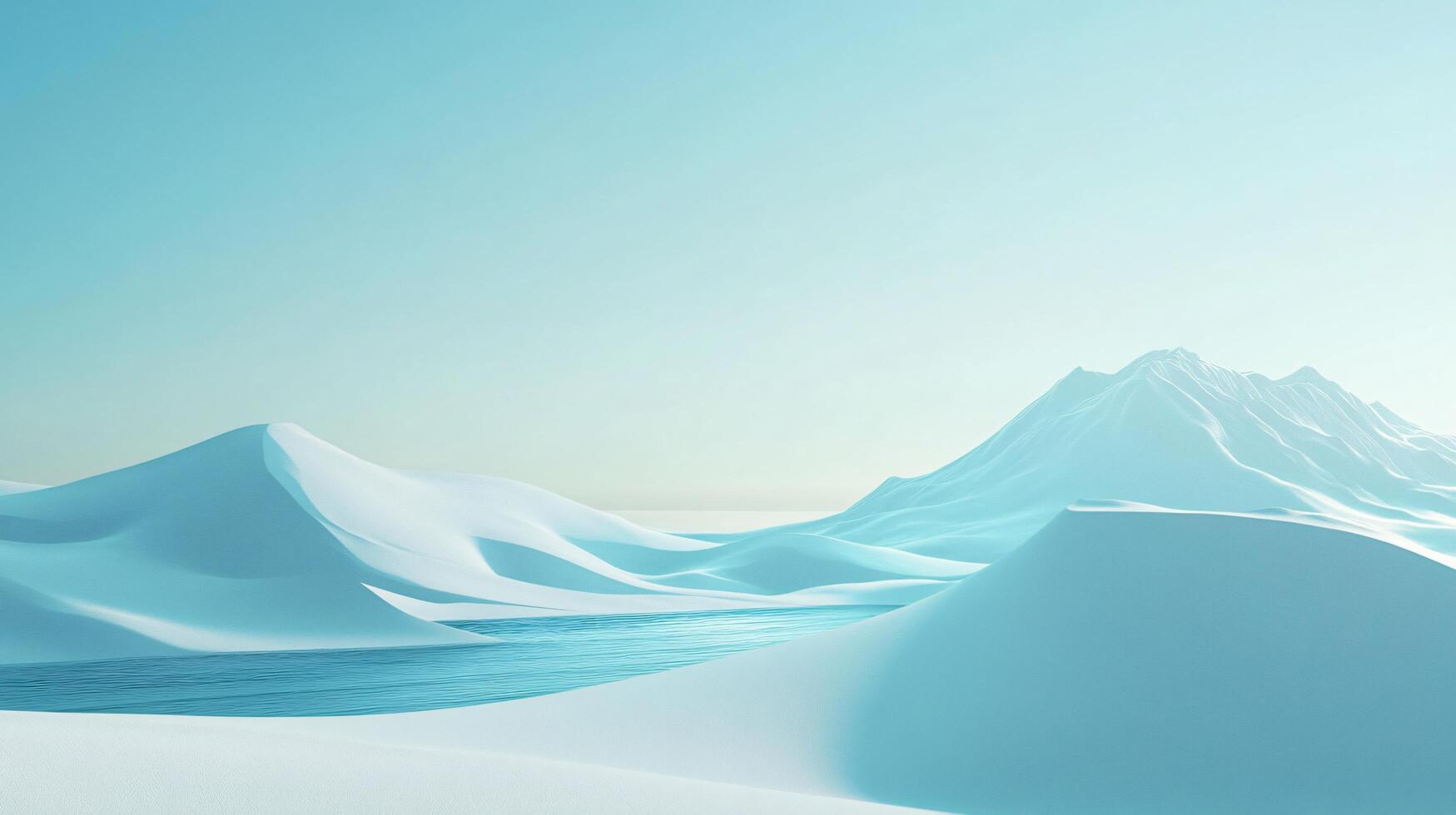 Surreal landscape with turquoise river flowing through snowy mountains under blue sky photo