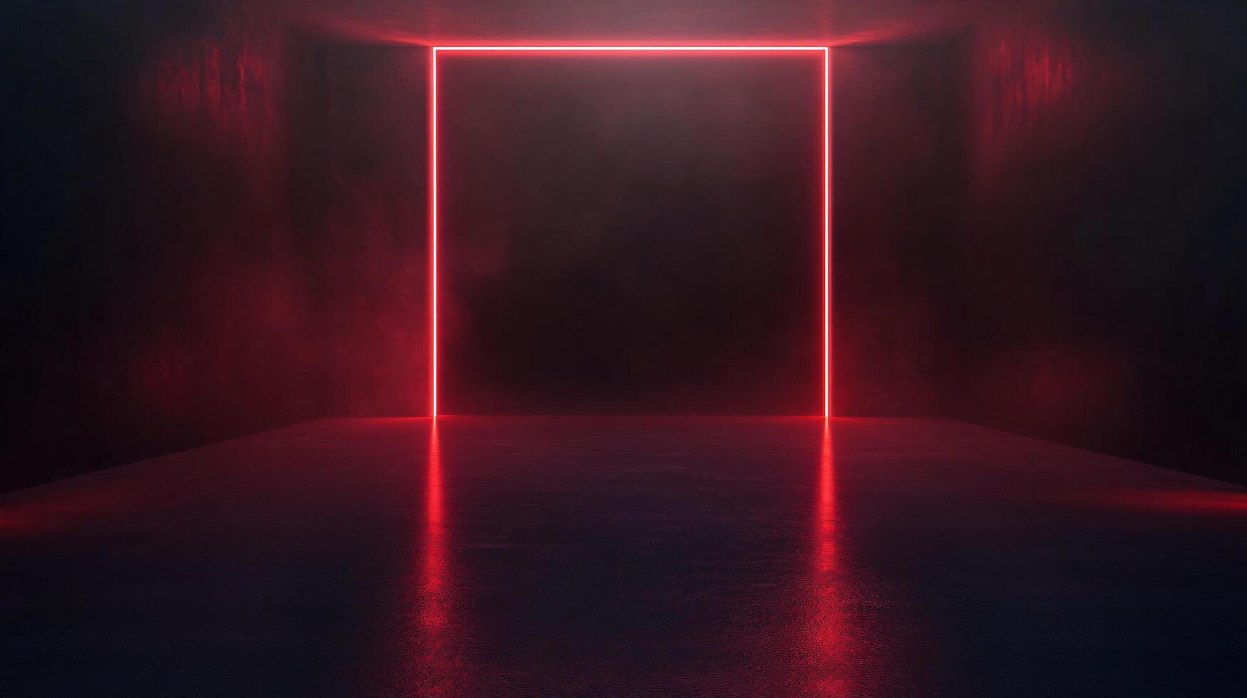 Red neon light forming a square shape glowing in a dark empty room with smoke and reflections on the floor photo