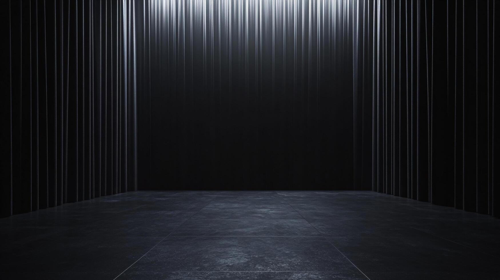 Empty black room with vertical lines and floor tiles illuminated by white light creates a dramatic and mysterious atmosphere photo