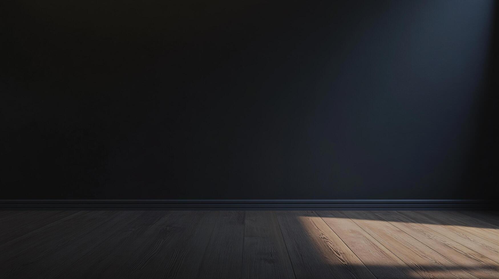 Empty room with dark walls and wooden floor illuminated by sunlight from window photo