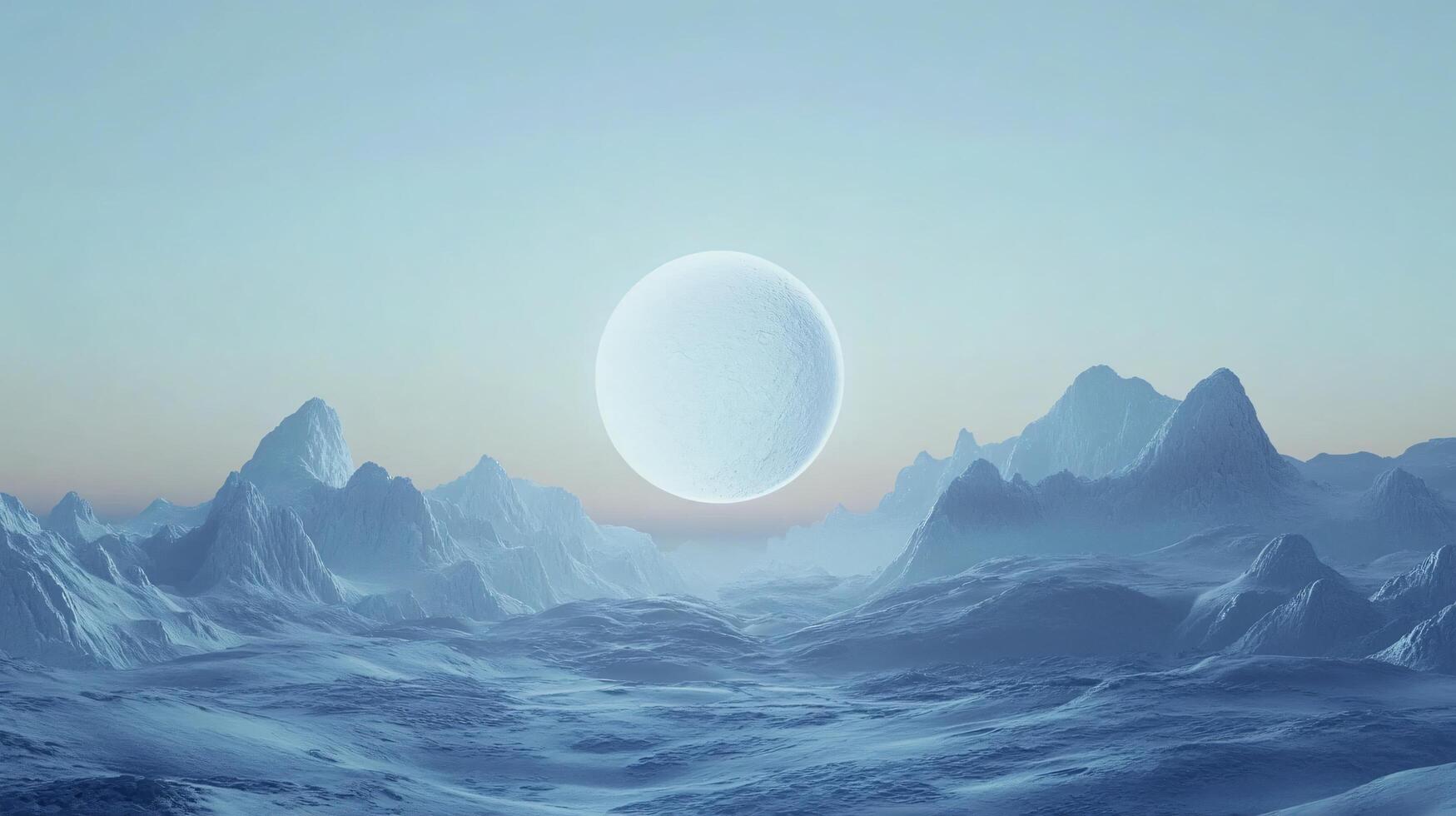 Icy mountain range with large planet rising in alien world photo