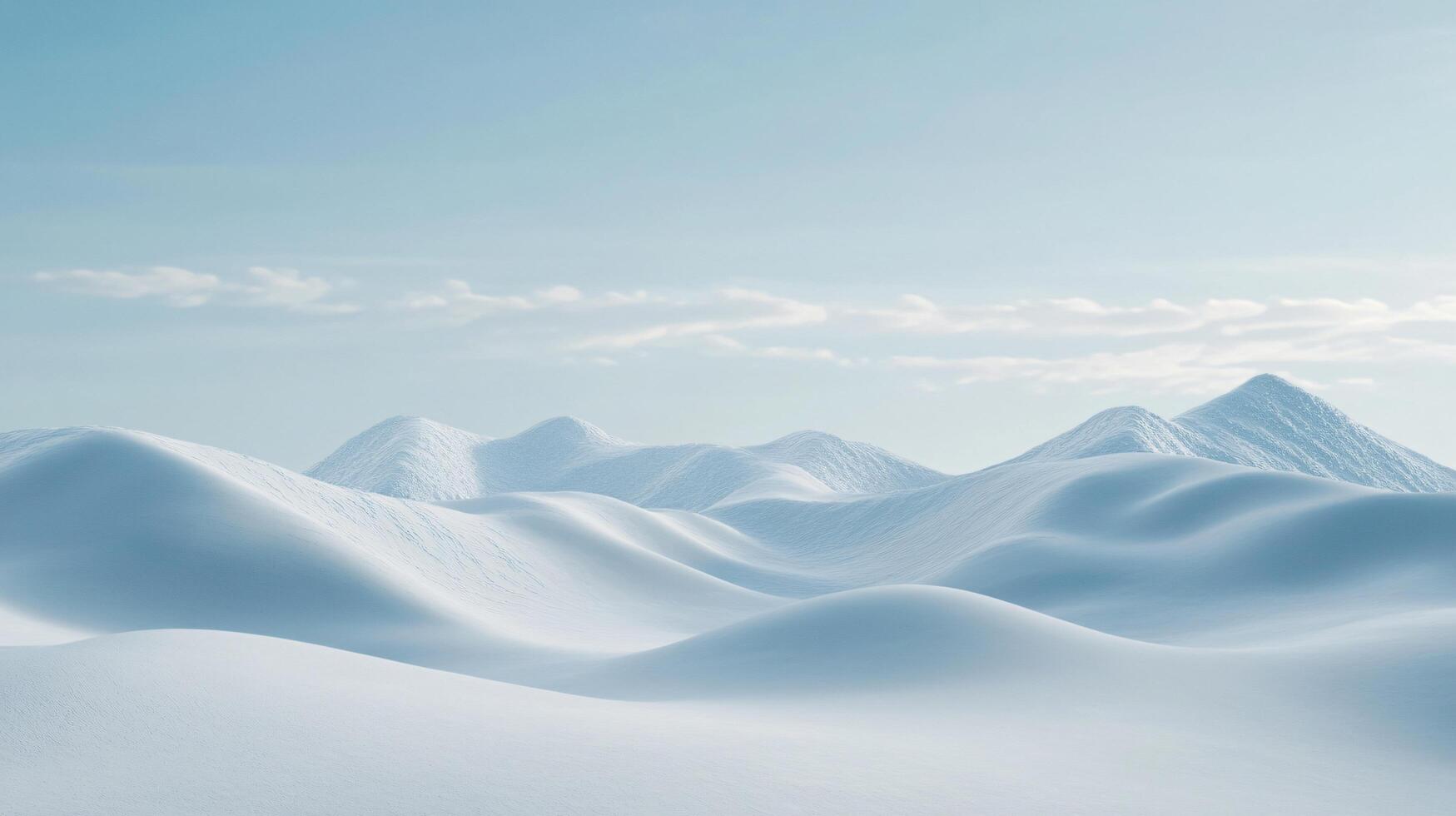 Minimalist winter landscape featuring smooth snow-covered hills leading to a range of mountains under a clear blue sky photo