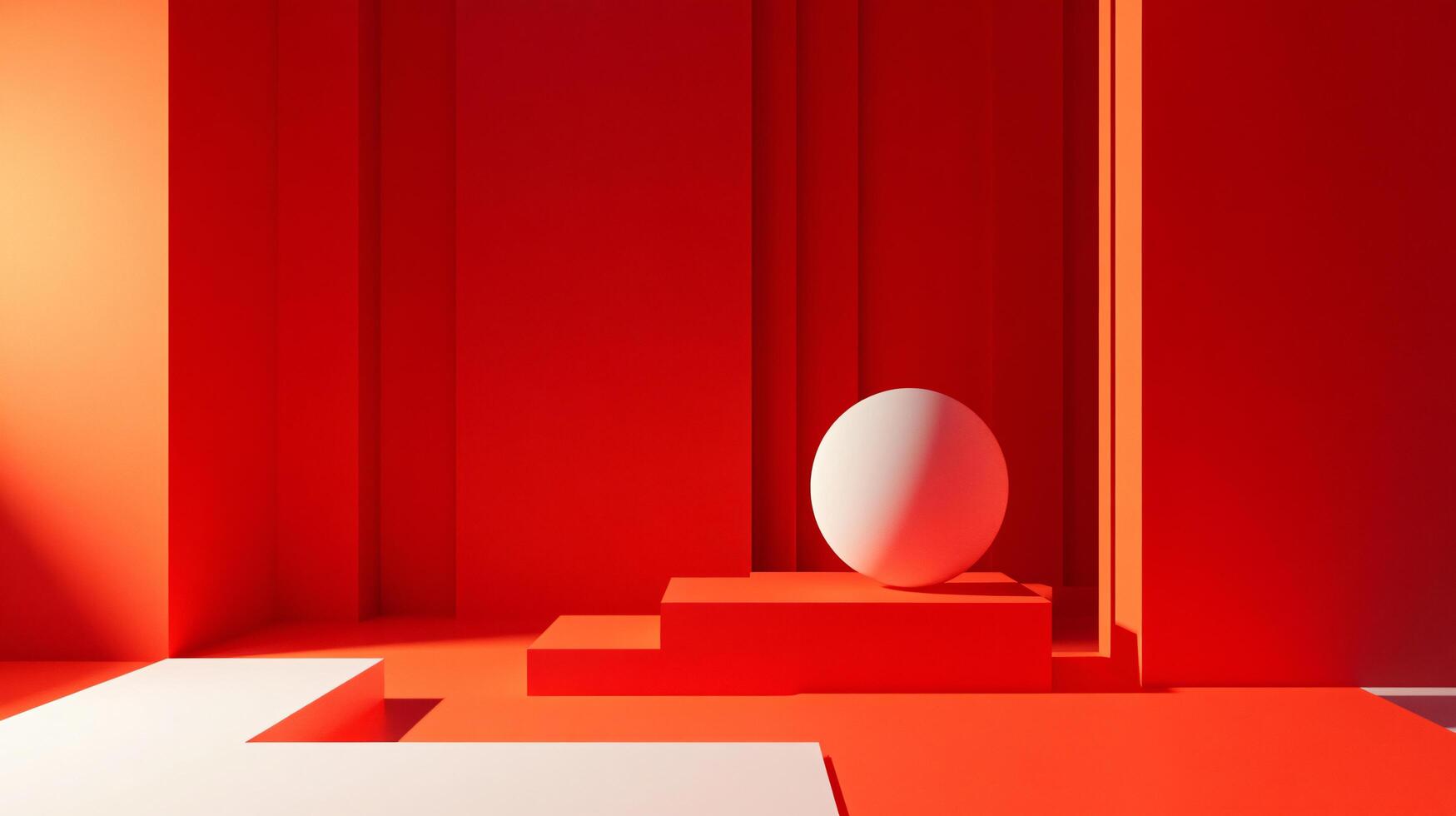 White sphere sits on a red pedestal in a modern, minimalist showroom bathed in warm, inviting light photo