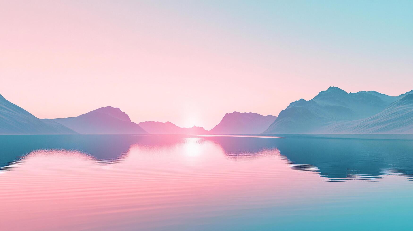 Calm water reflects mountains and setting sun in pink and turquoise fantasy landscape photo