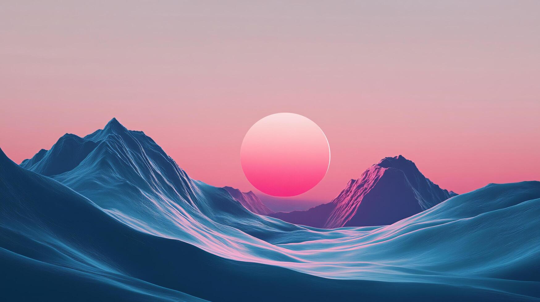 Synthwave landscape featuring a large pink sun setting behind blue mountains photo