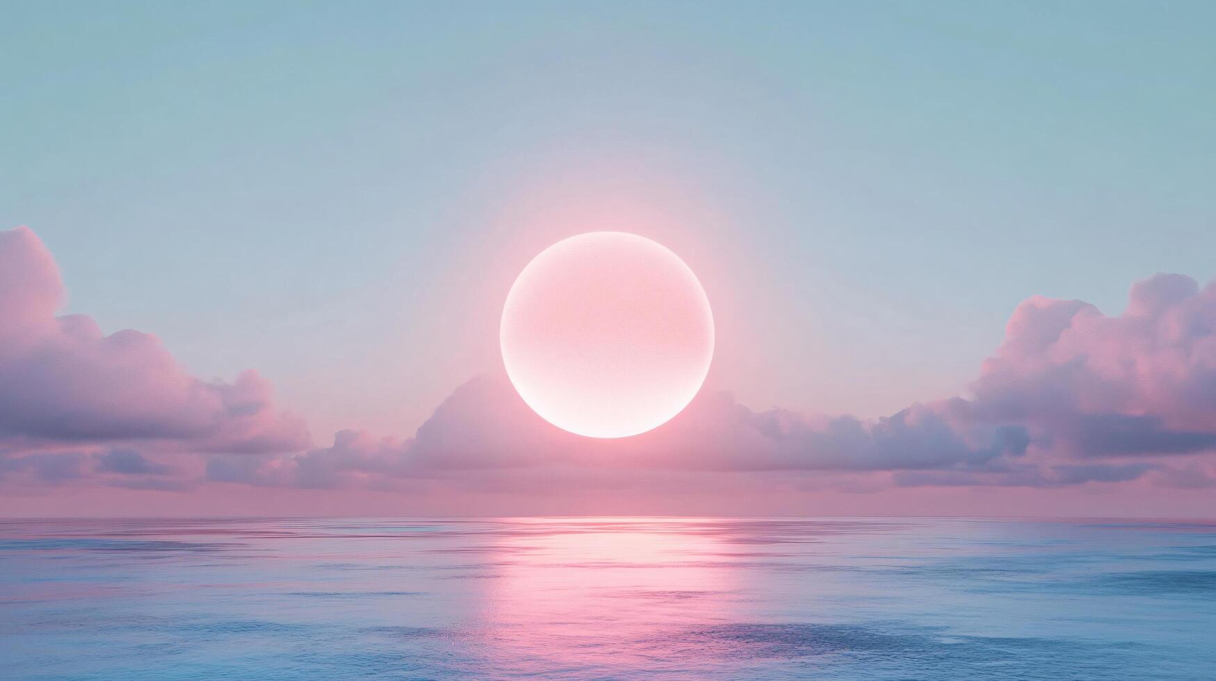 Mesmerizing pink full moon setting over a tranquil ocean at sunset, with pastel-colored clouds adding to the serene beauty photo