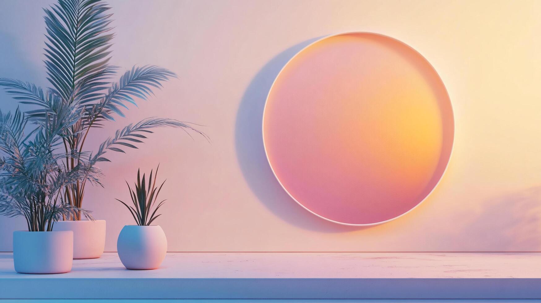 Potted plants sit on table below empty circular frame mounted on wall bathing room in warm pastel light photo