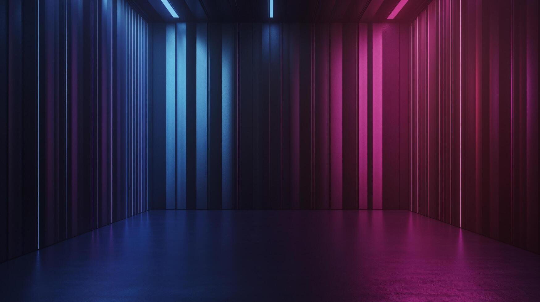 Futuristic empty room with pink and blue neon lights illuminating striped walls, creating a vibrant and modern atmosphere photo
