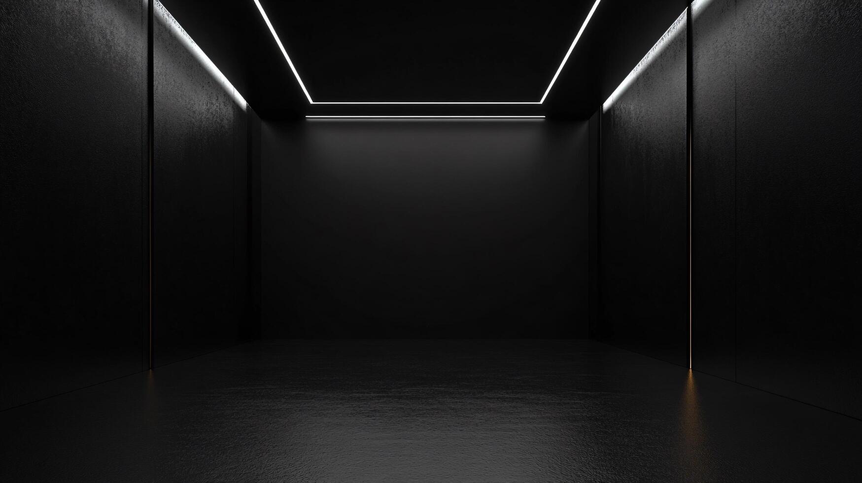 Empty black room with led lights illuminating concrete walls and floor, creating a modern and minimalist interior design photo