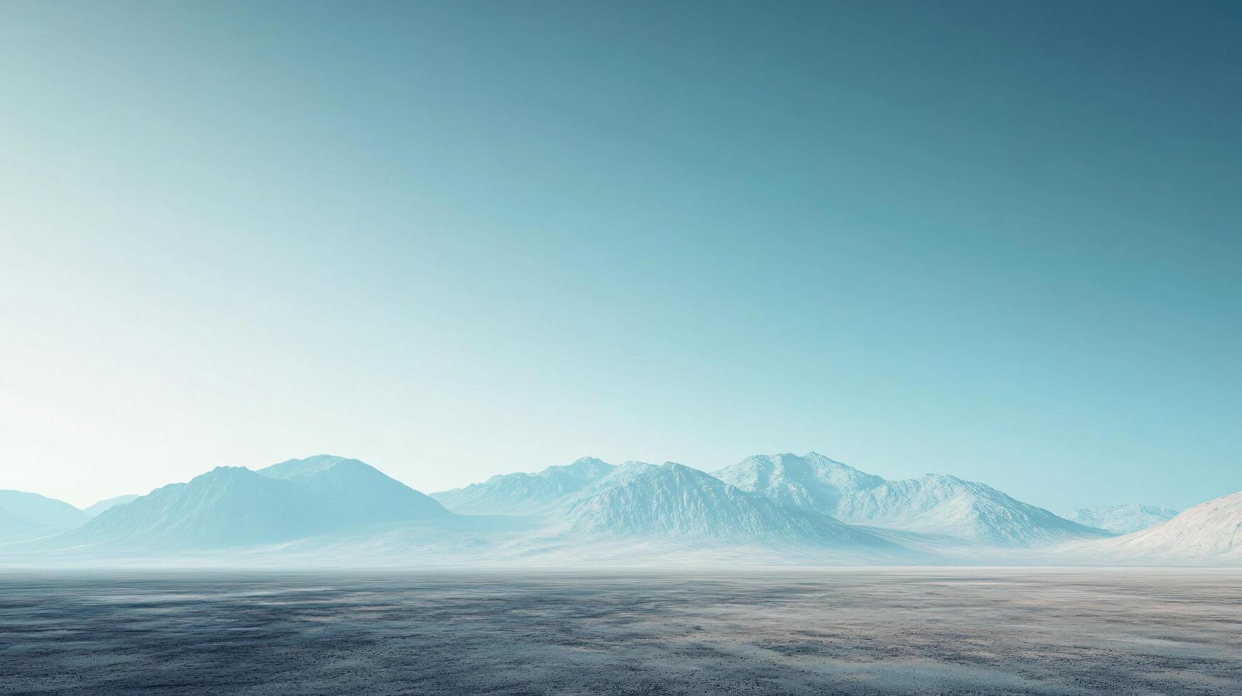 Vast desert landscape stretching towards a mountain range under a clear sky, creating a serene and minimalist scene photo