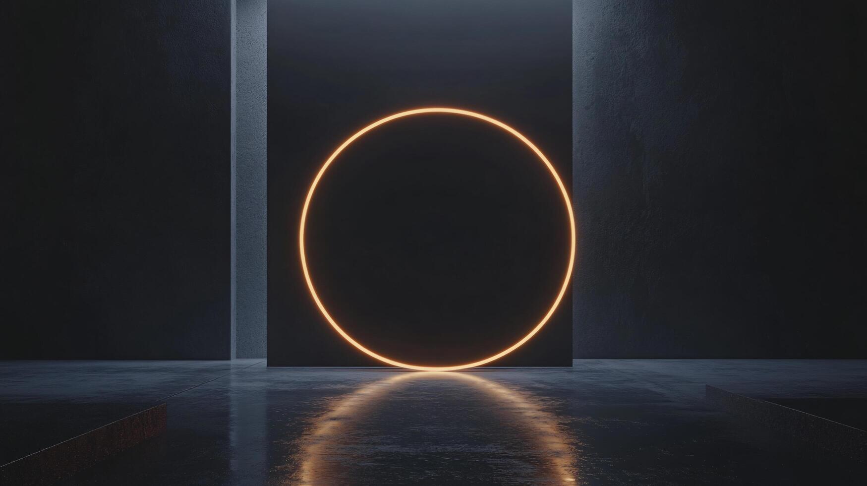 Orange neon circle glowing on a dark wall in an empty concrete room photo