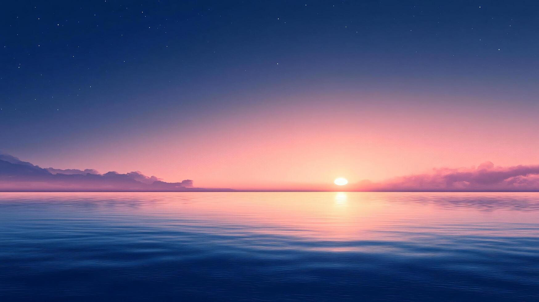 Beautiful sunset with pink and blue colors reflecting on calm ocean under starry sky photo