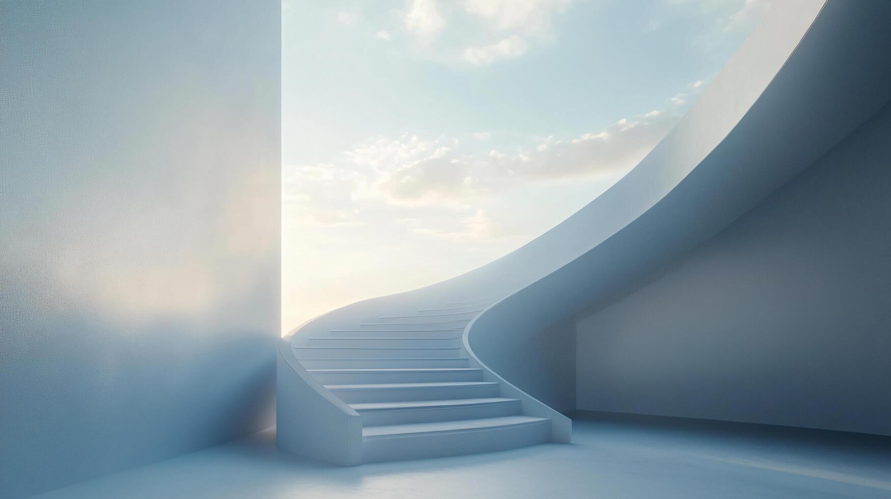 Minimalist white spiral staircase ascending towards a bright cloudy sky, symbolizing hope, ambition, and progress photo