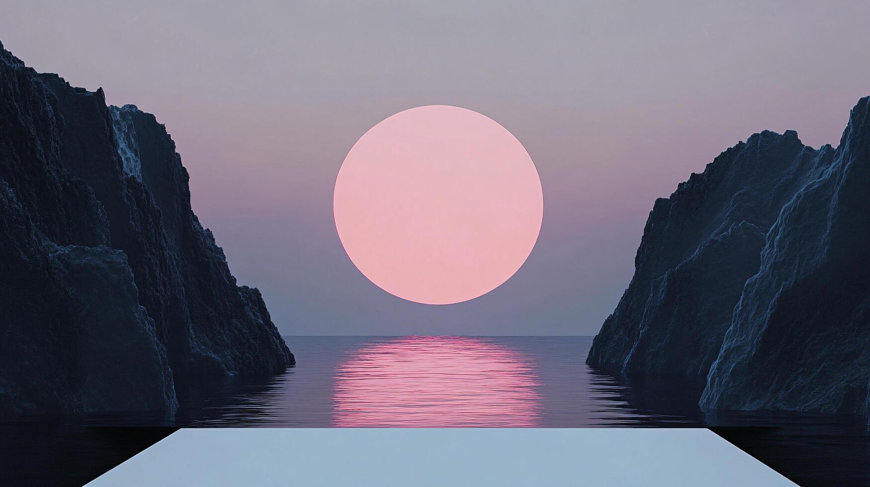 Surreal landscape with huge pink sun setting over calm ocean water with two cliffs and empty platform in the foreground photo