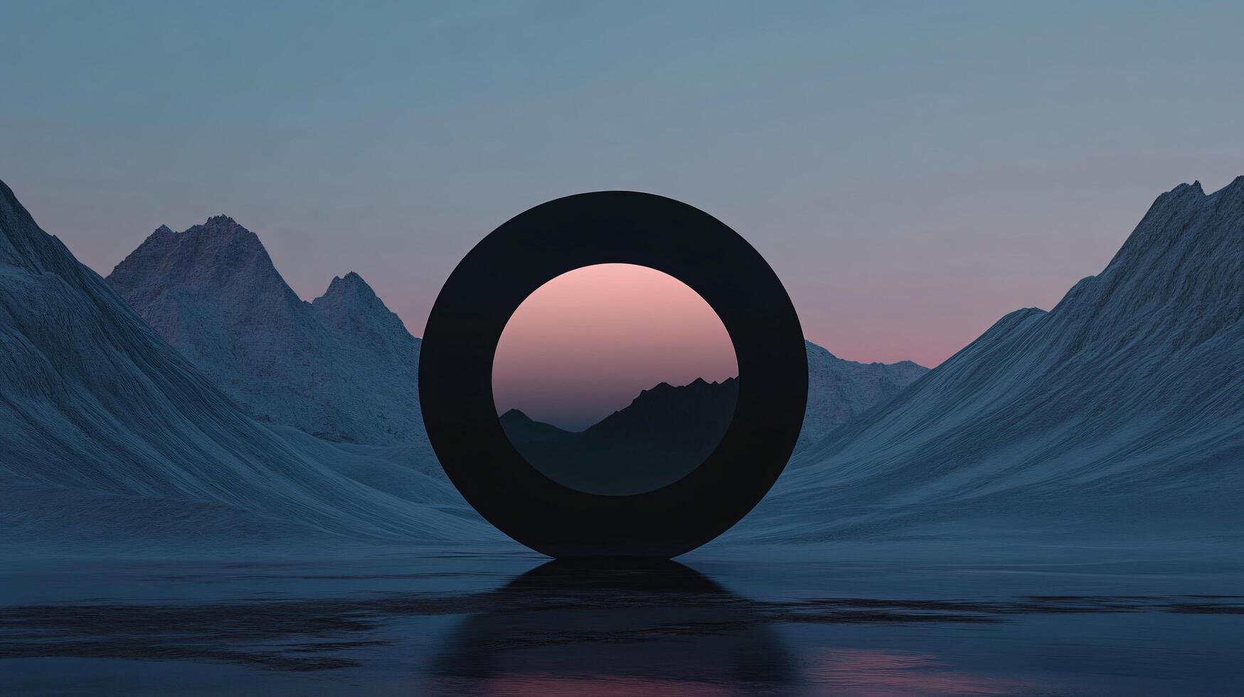 Black ring floating above a tranquil icy landscape at sunset, with majestic mountains in the background, creating a surreal and minimalist scene photo
