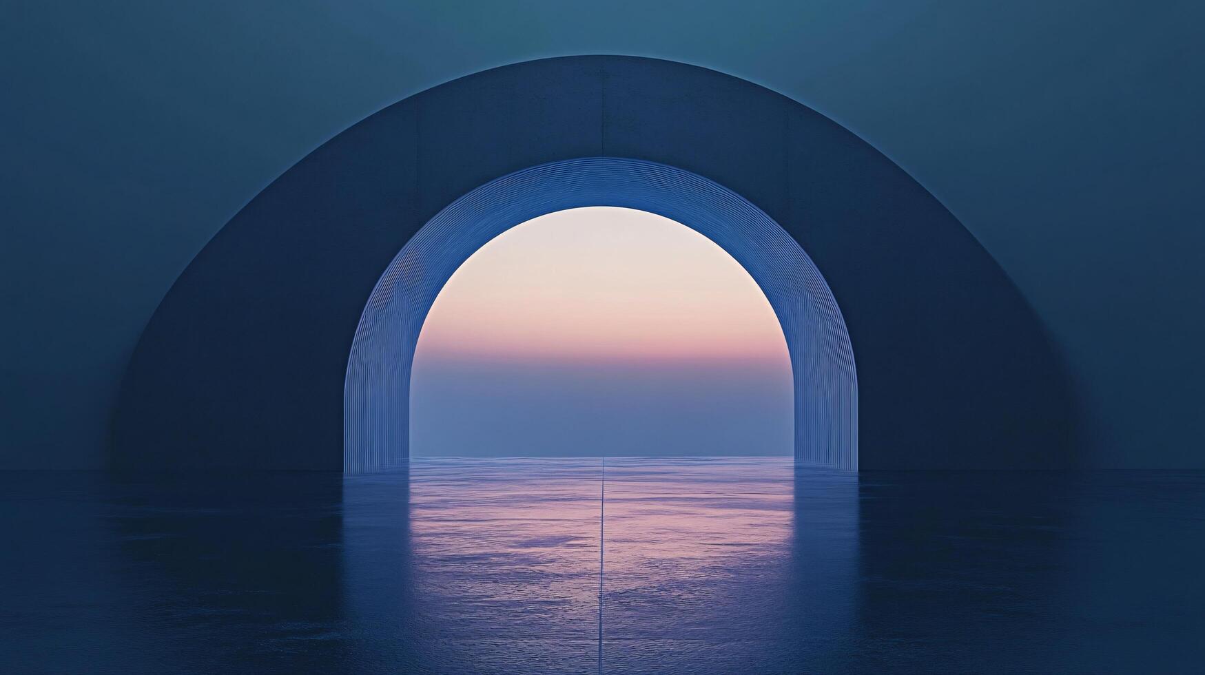 Serene scene featuring an archway opening onto tranquil water reflecting a beautiful sunset with a colorful sky photo