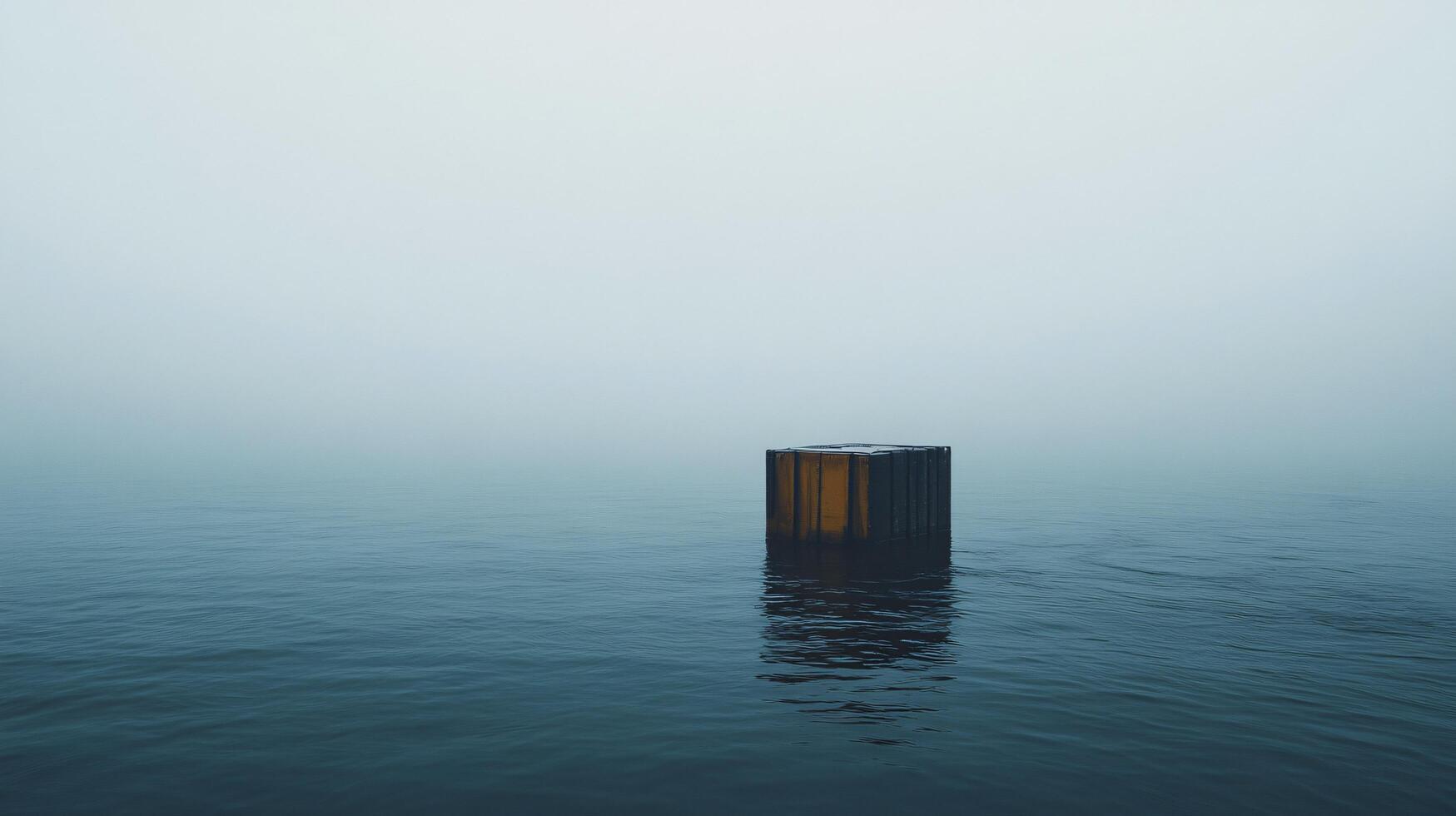 Mysterious crate floats on calm water, surrounded by a thick fog, creating a serene yet intriguing atmosphere photo