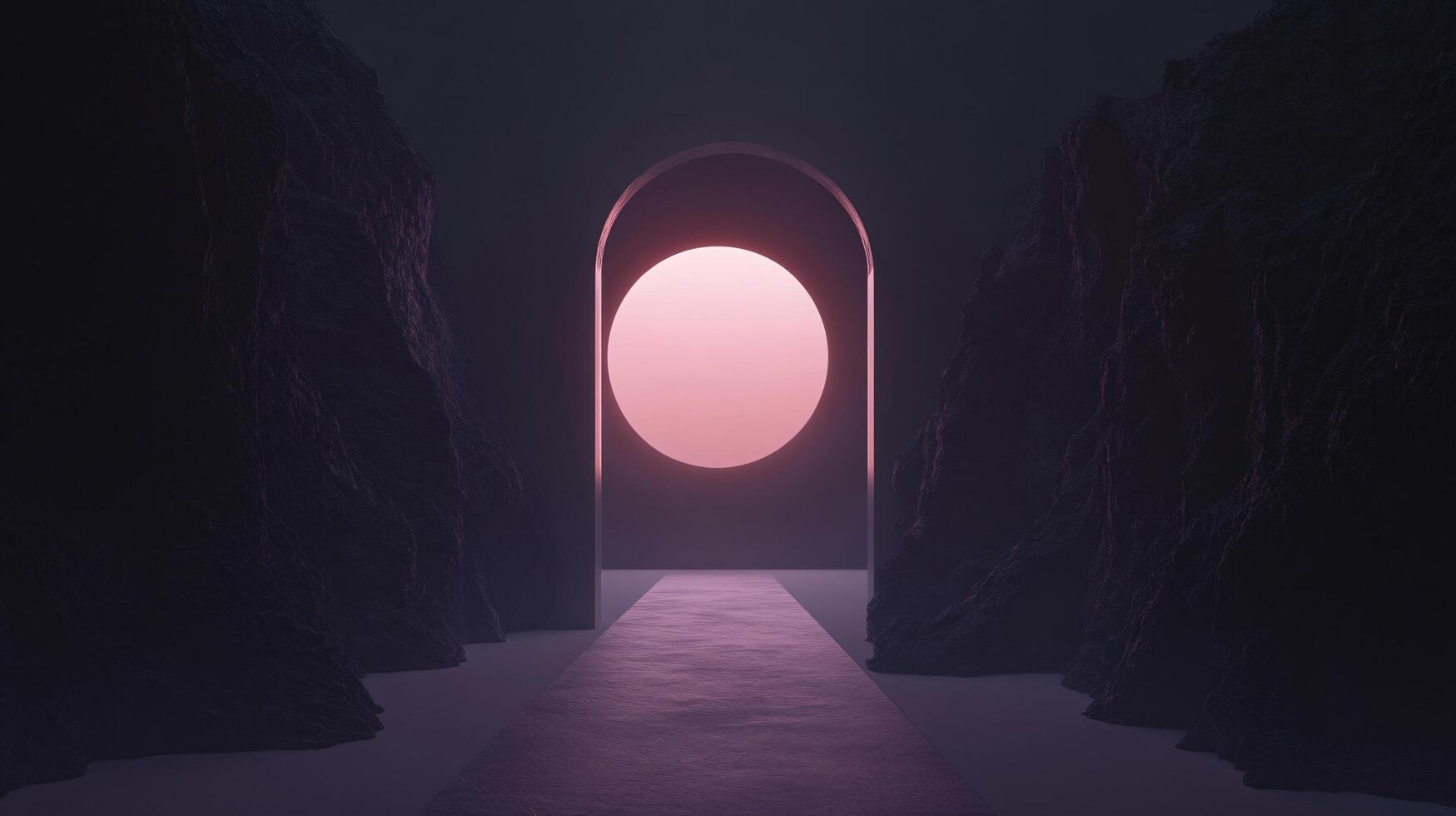 3d illustration of pink sun shining through archway between cliffs photo