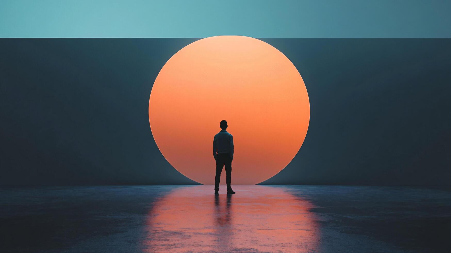 Surreal image of a businessman contemplating a large luminous orange circle in a dark room, evoking mystery and new opportunities photo